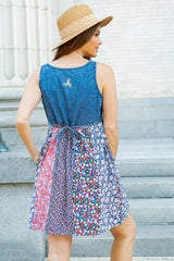 Patchwork Panels Denim Sleeveless Dress Dark Light Multi