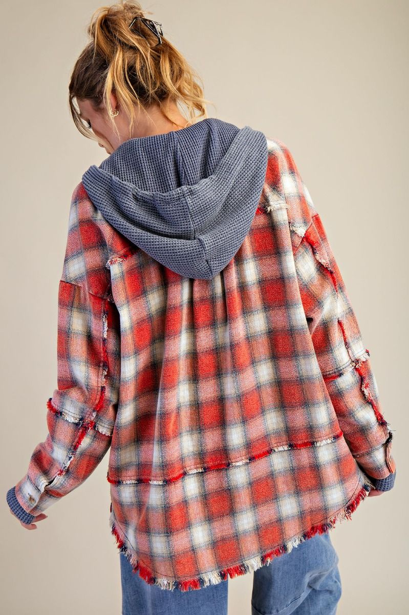 Plaid Button Down Washed Shacket Navy Red