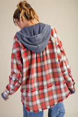 Plaid Button Down Washed Shacket Navy Red