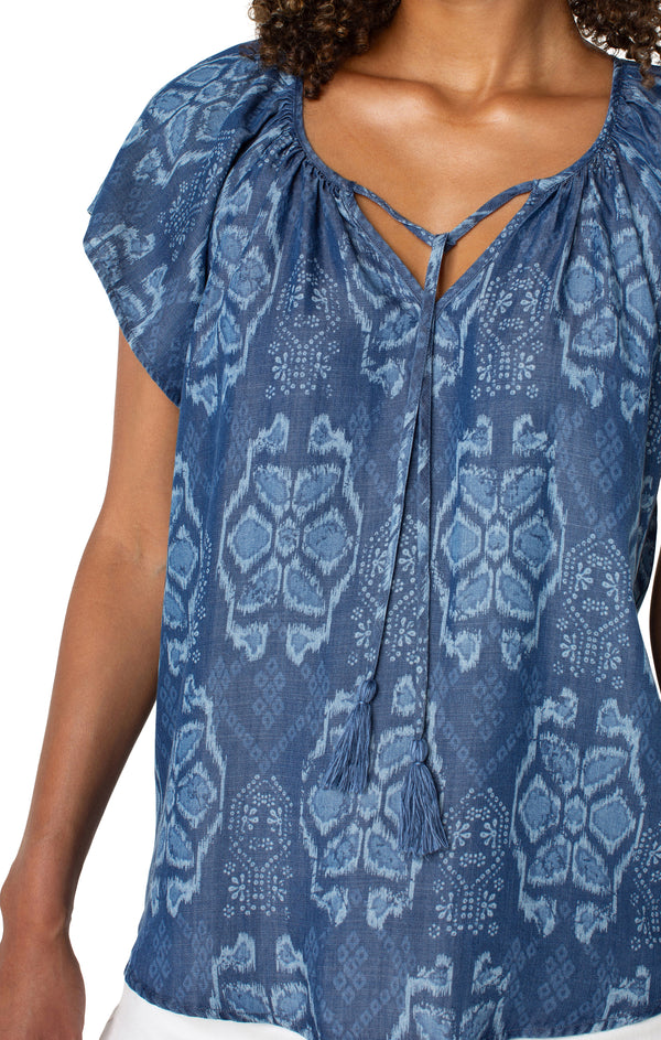 Front Tie Flutter Sleeve Woven Top Tribal Allover