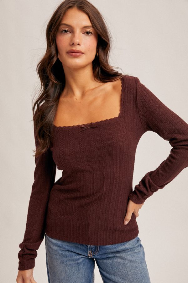 Edge Lace Neck Pointelle Knit Top Bordeaux