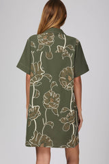 Short Sleeve Embroidered Floral Collared Button Dress Olive