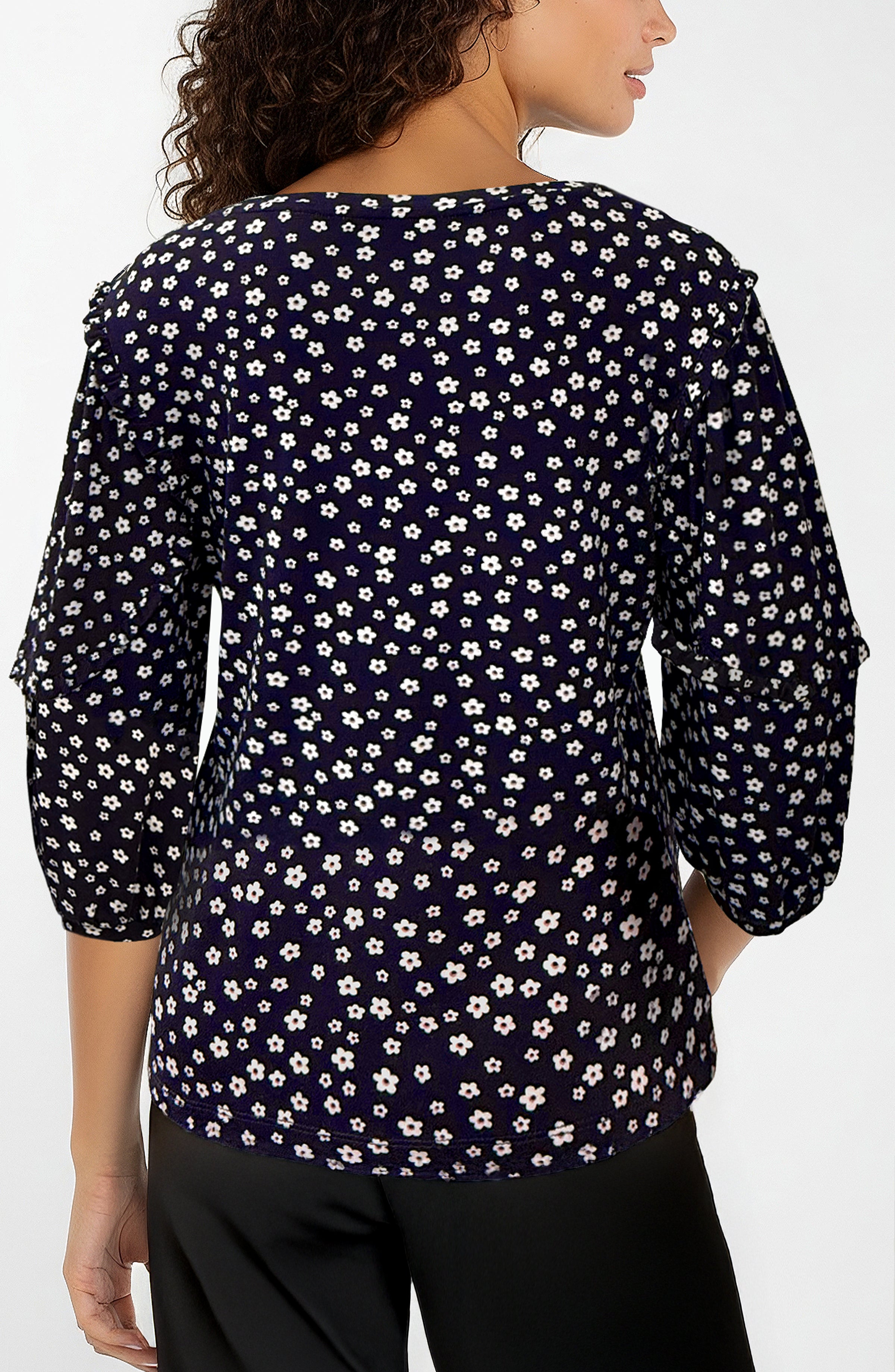 Ruffle Sleeve Printed Knit Top Navy + White Ditsy