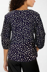 Ruffle Sleeve Printed Knit Top Navy + White Ditsy