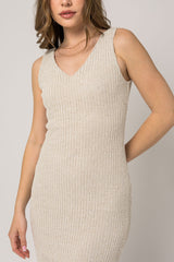 Sleeveless Vneck Knit Textured Midi Dress Natural