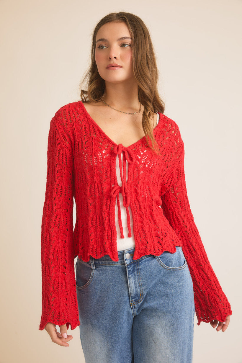 Front Tie Bell Sleeve Open Knit Cardi Berry