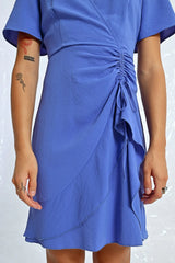Wrapped Side Ruched Tie Dress Blue