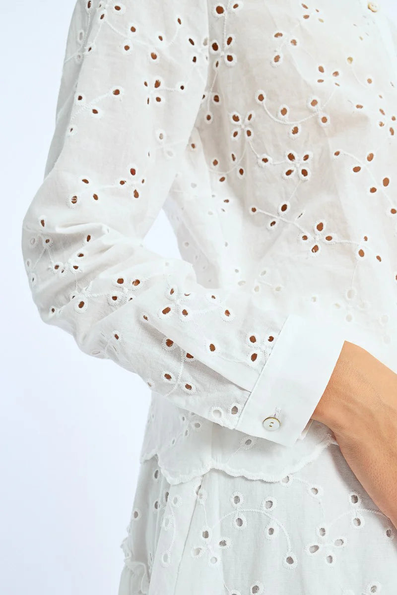 Scallop Hem Peplum Back Eyelet Button Down Shirt White