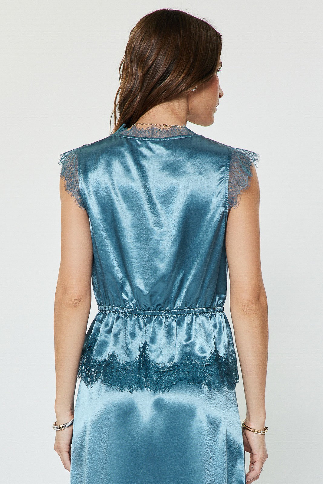 Metallic Satin Lace Trim Cap Sleeve Peplum Blouse Dusty Blue