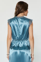 Metallic Satin Lace Trim Cap Sleeve Peplum Blouse Dusty Blue
