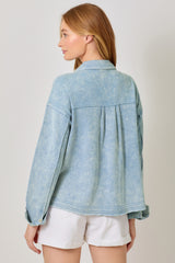 Mix Textured Washed Pockets Shacket Washed Denim Blue