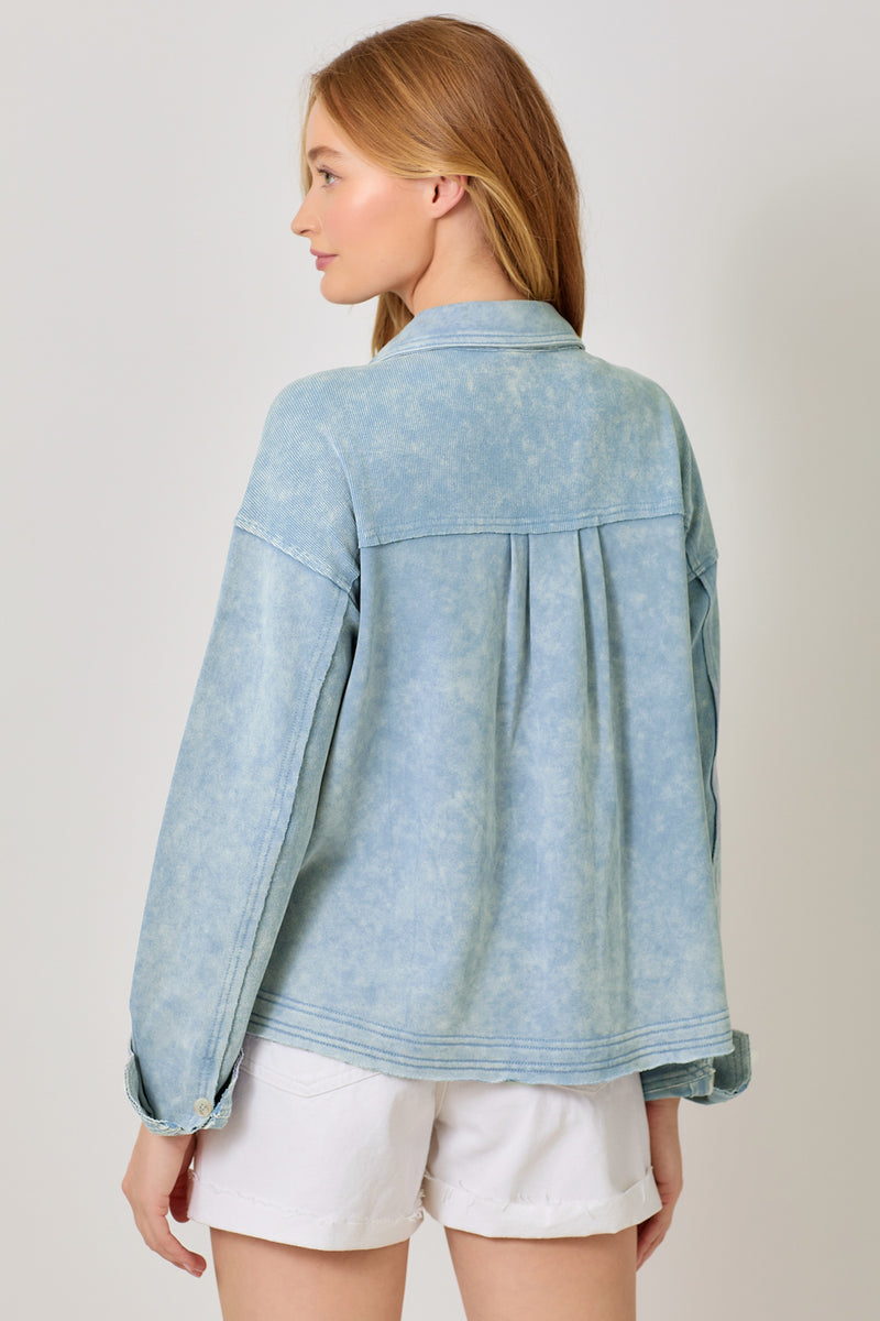 Mix Textured Washed Pockets Shacket Washed Denim Blue