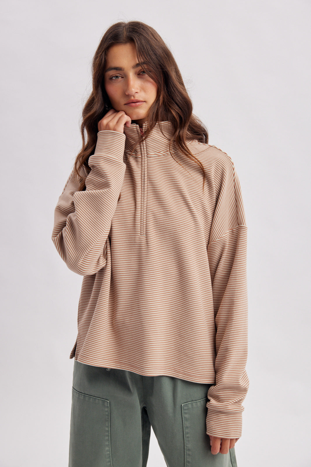 Striped Half Zip Up Knit Pullover Clay + Mint