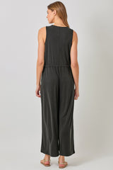 Modal Ribbed Surplice Tie Waist Jumpsuit Black`