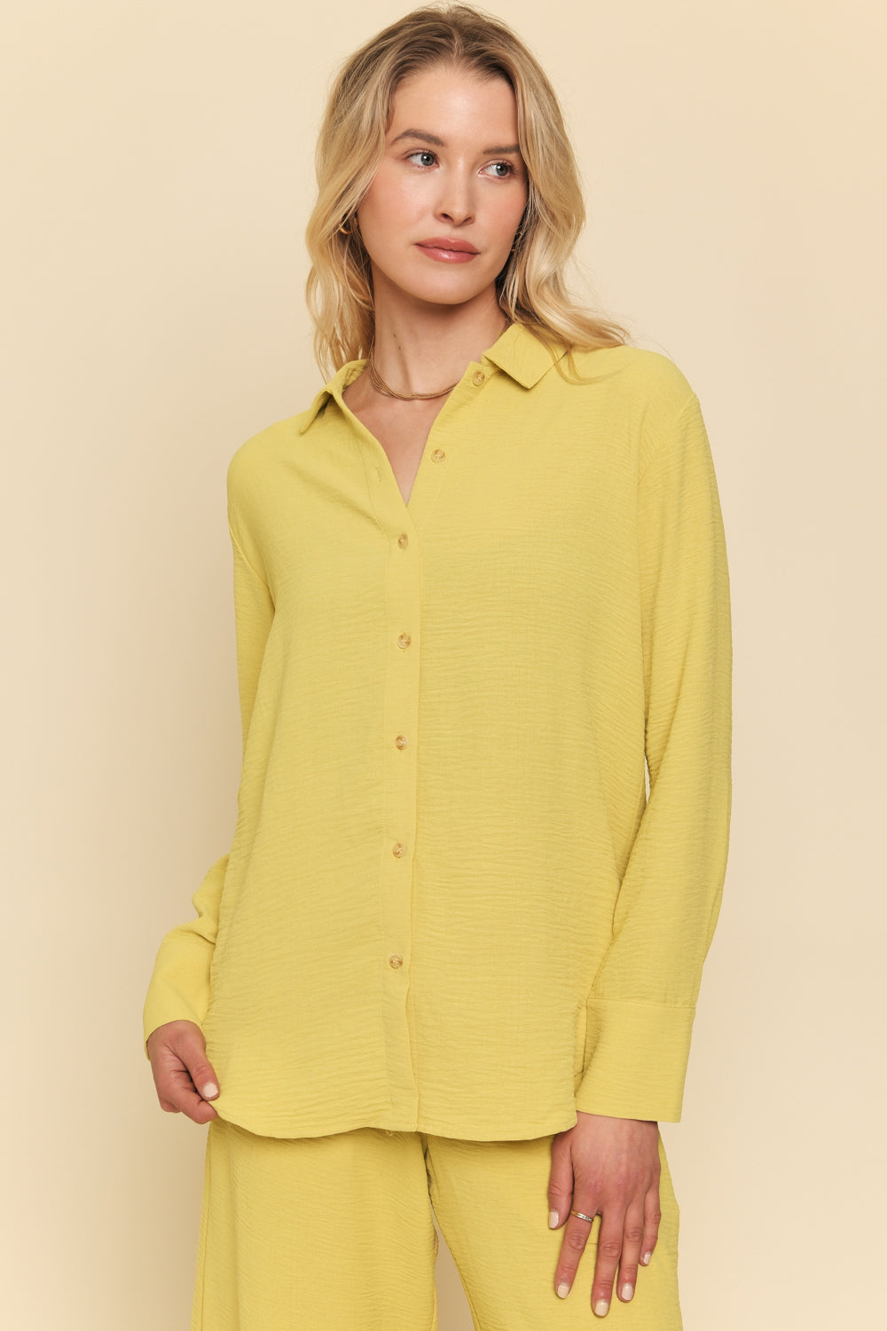 Button Down Crinkle Shirt Muted Lemon