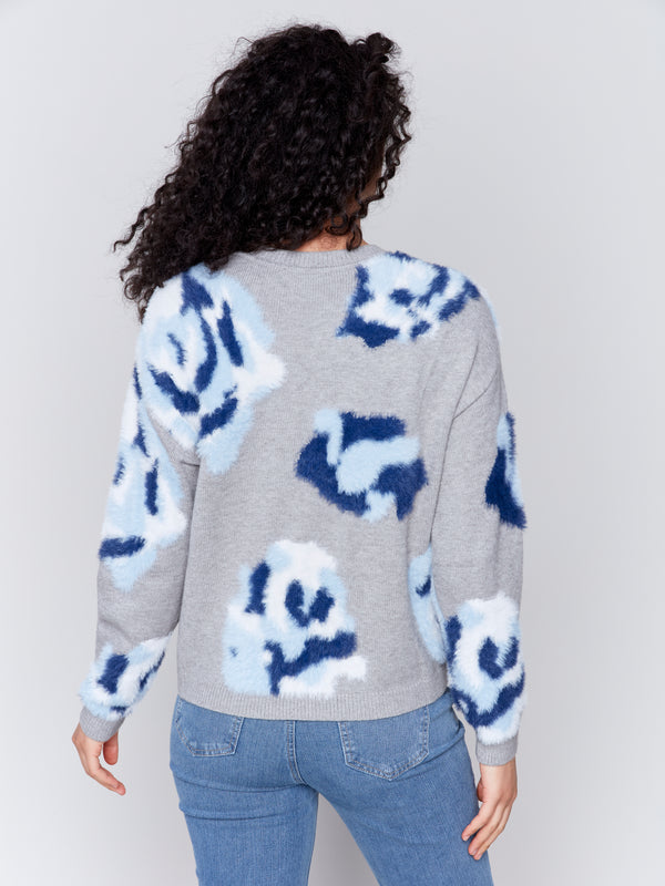 Fuzzy Jacquard Floral Crew Neck Sweater Light Grey