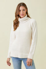 Fuzzy Ribbed Knit Turtleneck Sweater Cream
