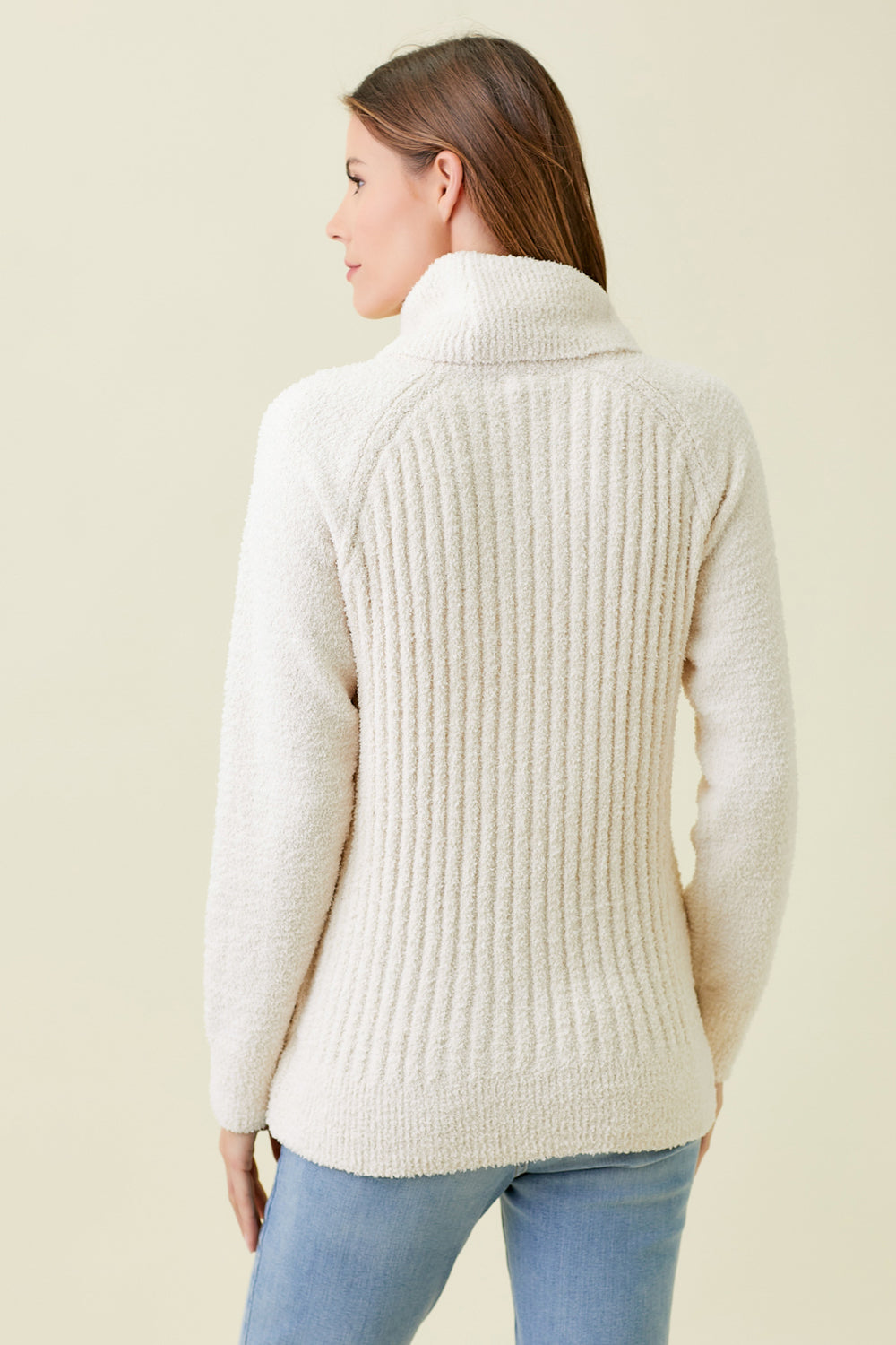 Fuzzy Ribbed Knit Turtleneck Sweater Cream