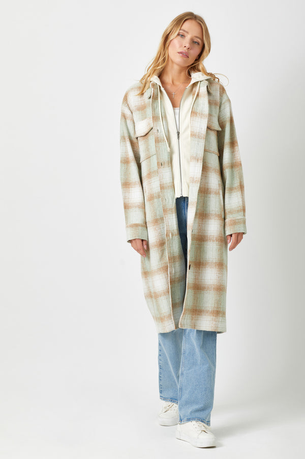 Two Fer Hoodie Plaid Knee Length Jacket