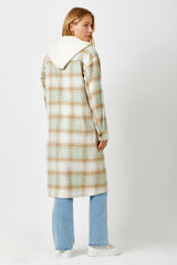 Two Fer Hoodie Plaid Knee Length Jacket Mint