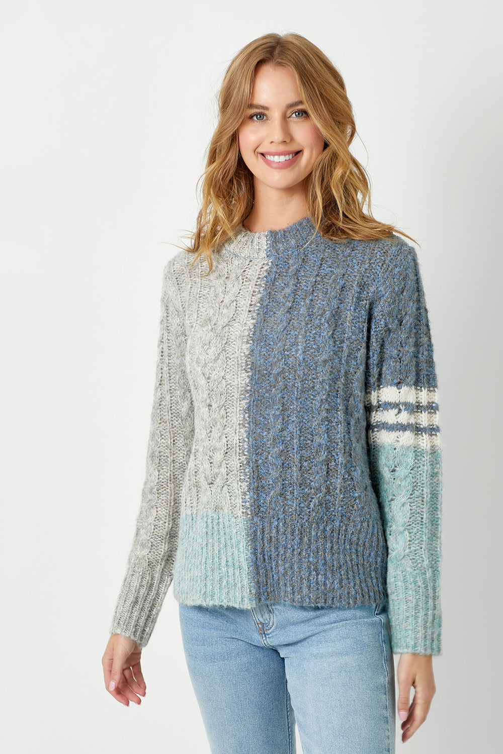Cable Knit Split Colorblock Sweater Blue Mix