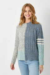 Cable Knit Split Colorblock Sweater Blue Mix