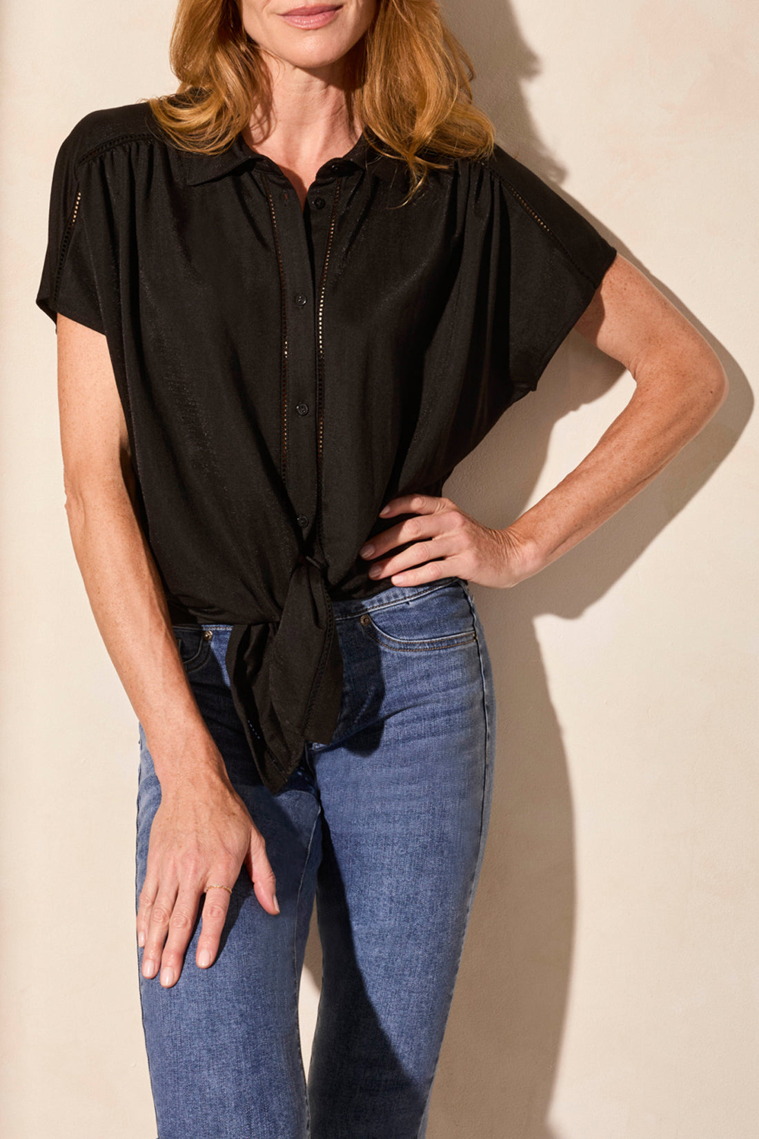 Collared Button Details Tie Front Short Sleeve Top Black