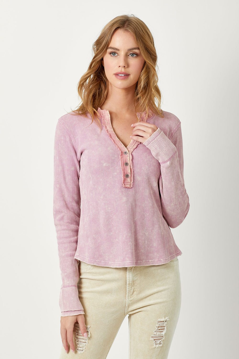 Washed Thermal Henley Top Pink Lavender
