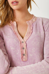 Washed Thermal Henley Top Pink Lavender