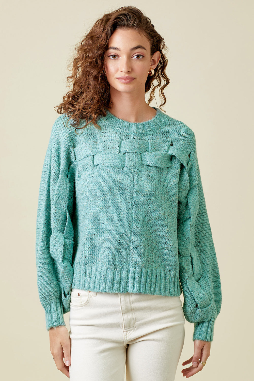 Weaving Detail Pullover Sweater Seafoam