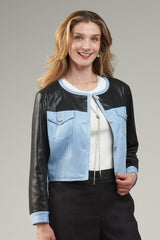 Colorblock Vegan Leather Jacket Chambray + Black