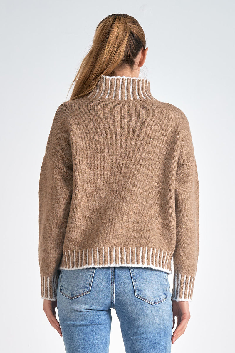Striped Detail Hem Turtleneck Sweater Tan