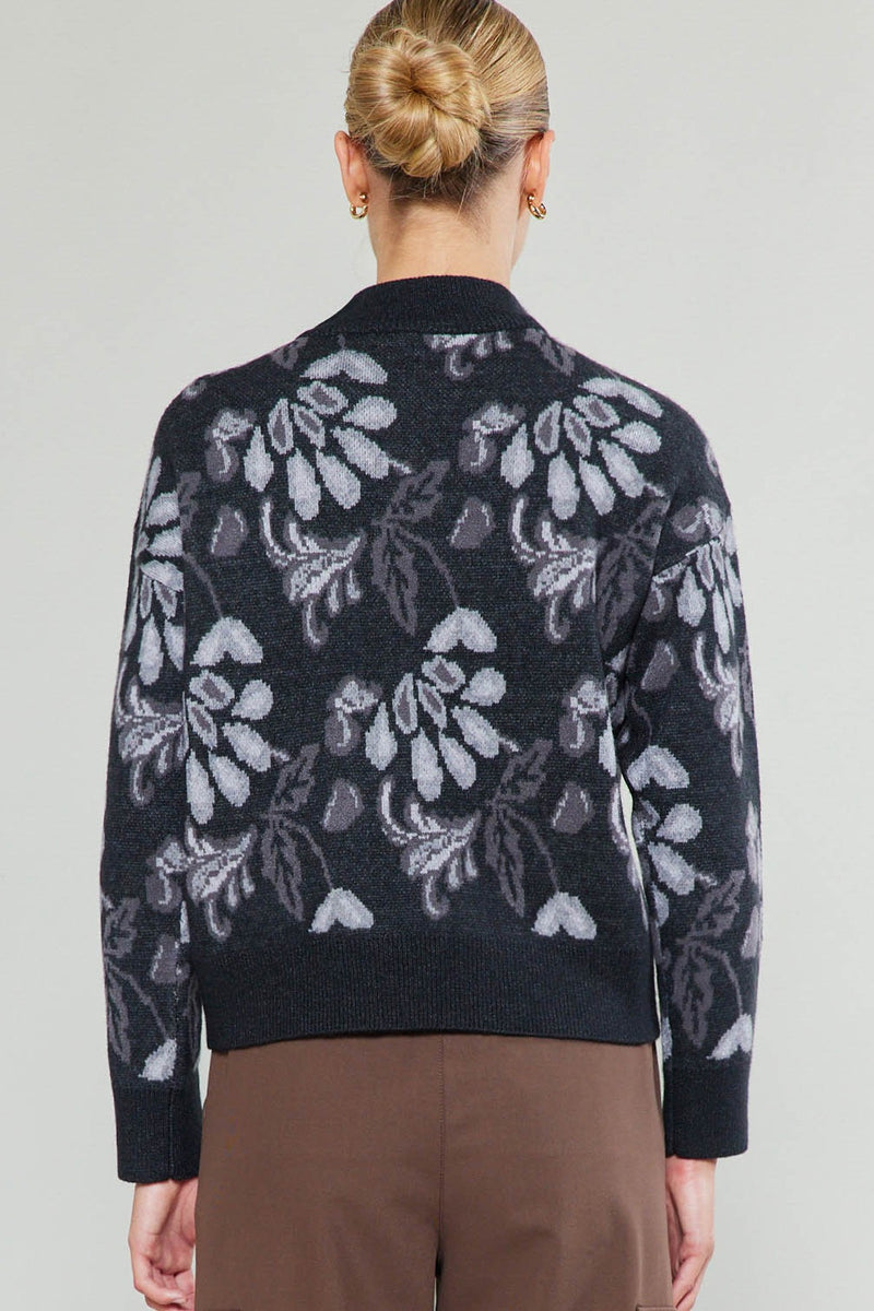 3/4 Zip Floral Sweater Black Multi