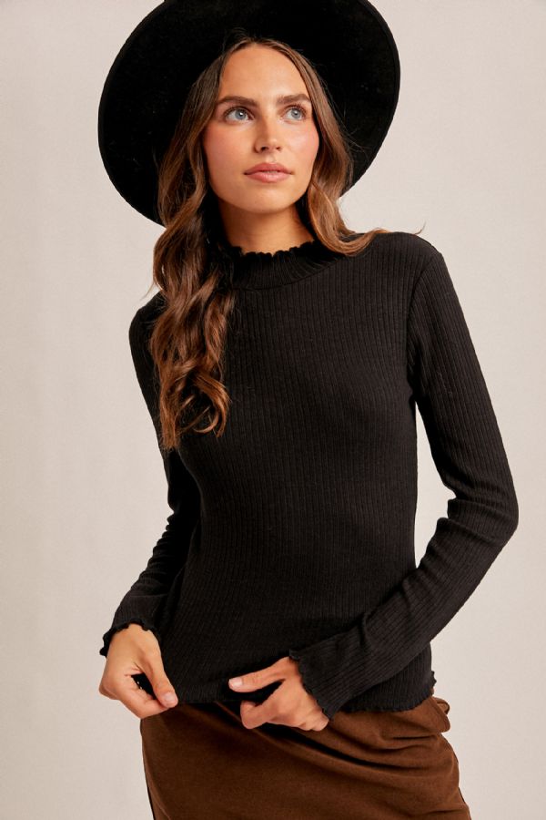 Lettuce Edge Ribbed Mock Neck Black