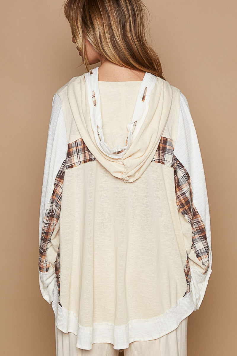 Oversize Button Sleeve Plaid Mix Hoodie Top Ivory