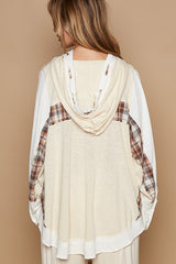 Oversize Button Sleeve Plaid Mix Hoodie Top Ivory