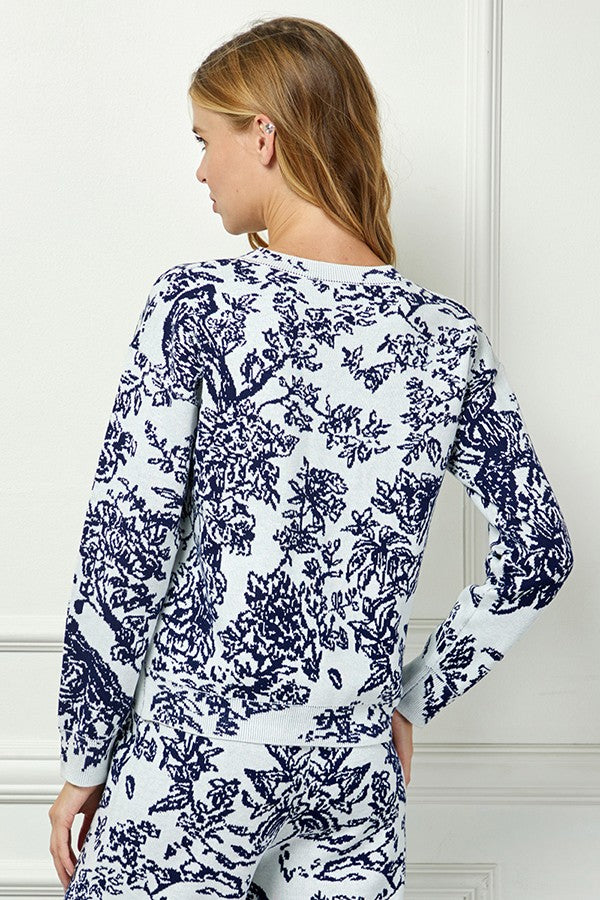 Forest Floral Contrast Crew Sweater White