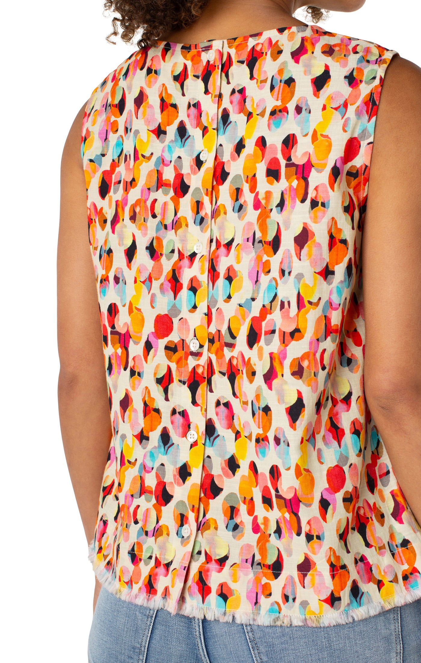 Button Back Fray Hem Printed Tank Watercolor Dots Multi