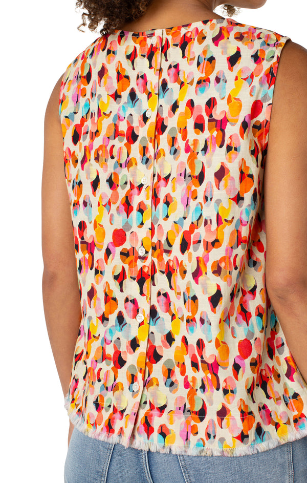 Button Back Fray Hem Printed Tank Watercolor Dots Multi