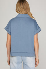 Drop Shoulder Half Zip Top Misty Blue