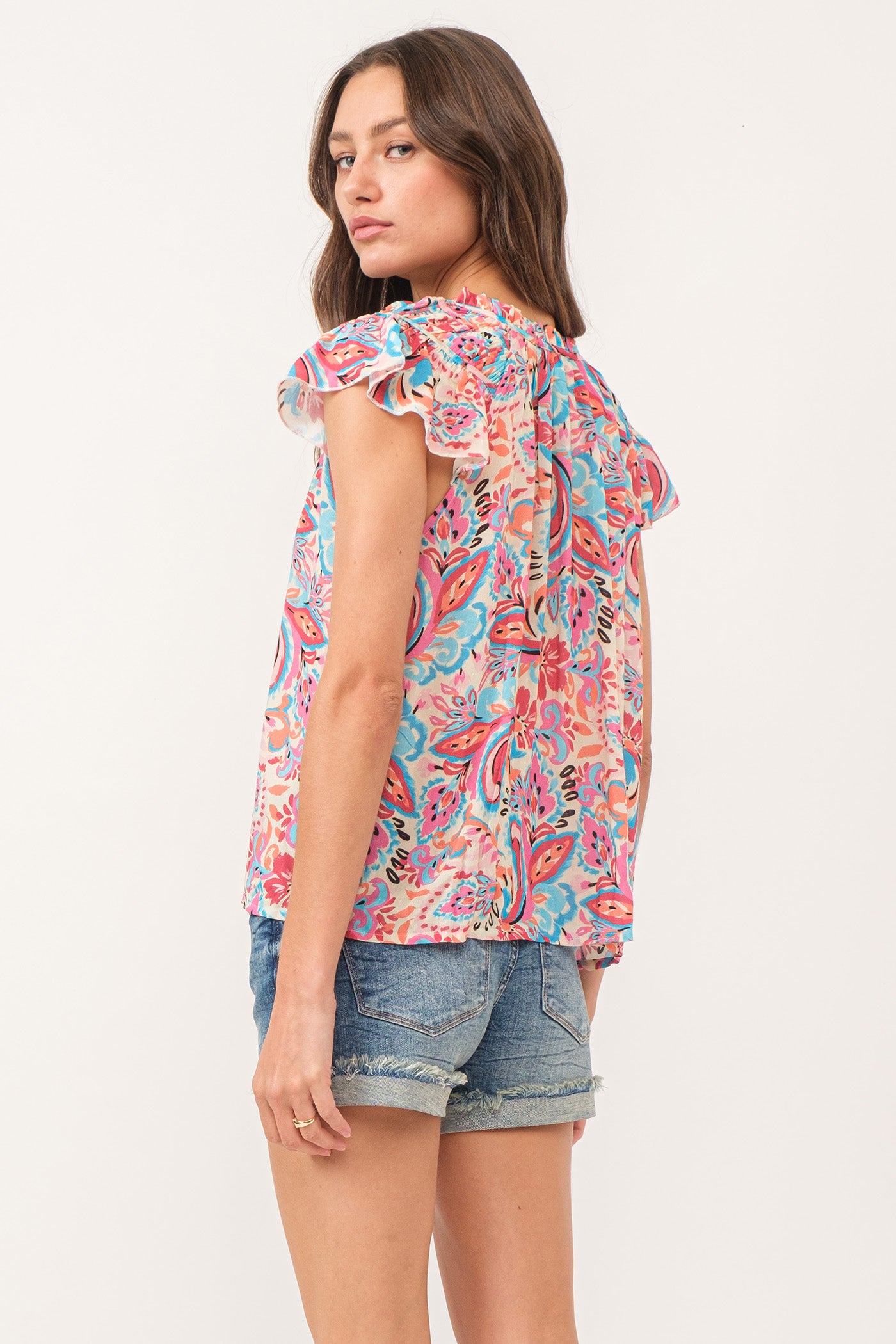 Lunya Shirred Shoulder Flutter Sleeve Top Riviera