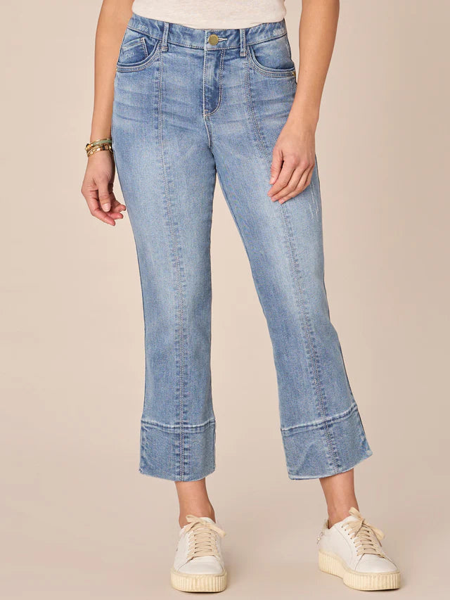 Center Seam Side Slit High Rise Kick Flare Jeans Light Blue