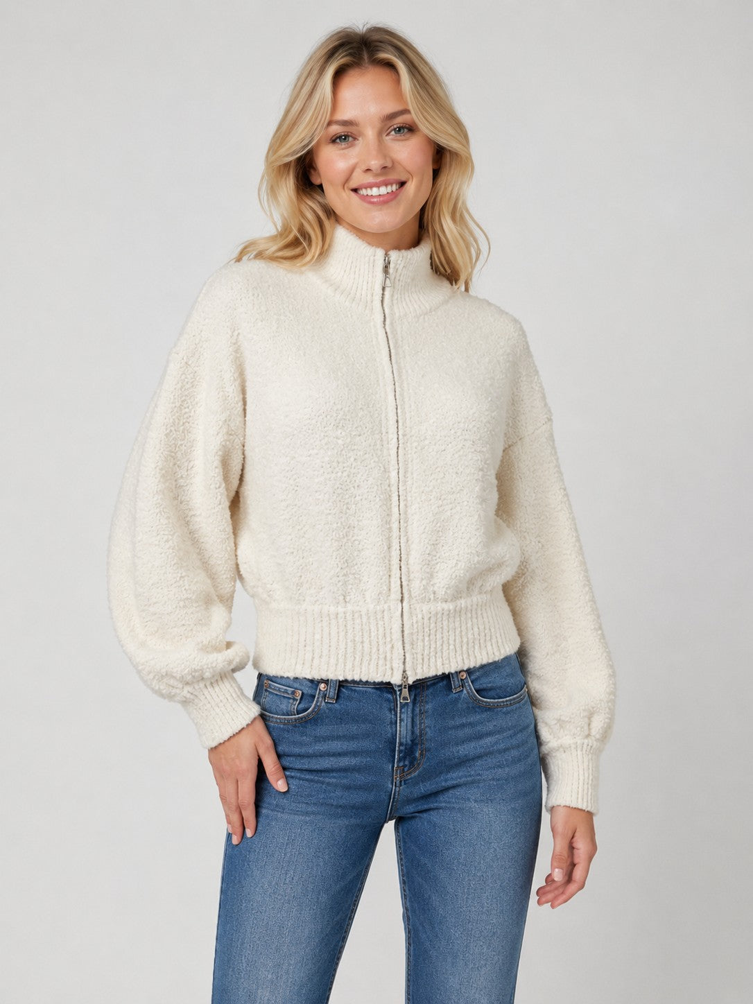 Fuzzy Zip Up Oversize Collar Cardi Ivory