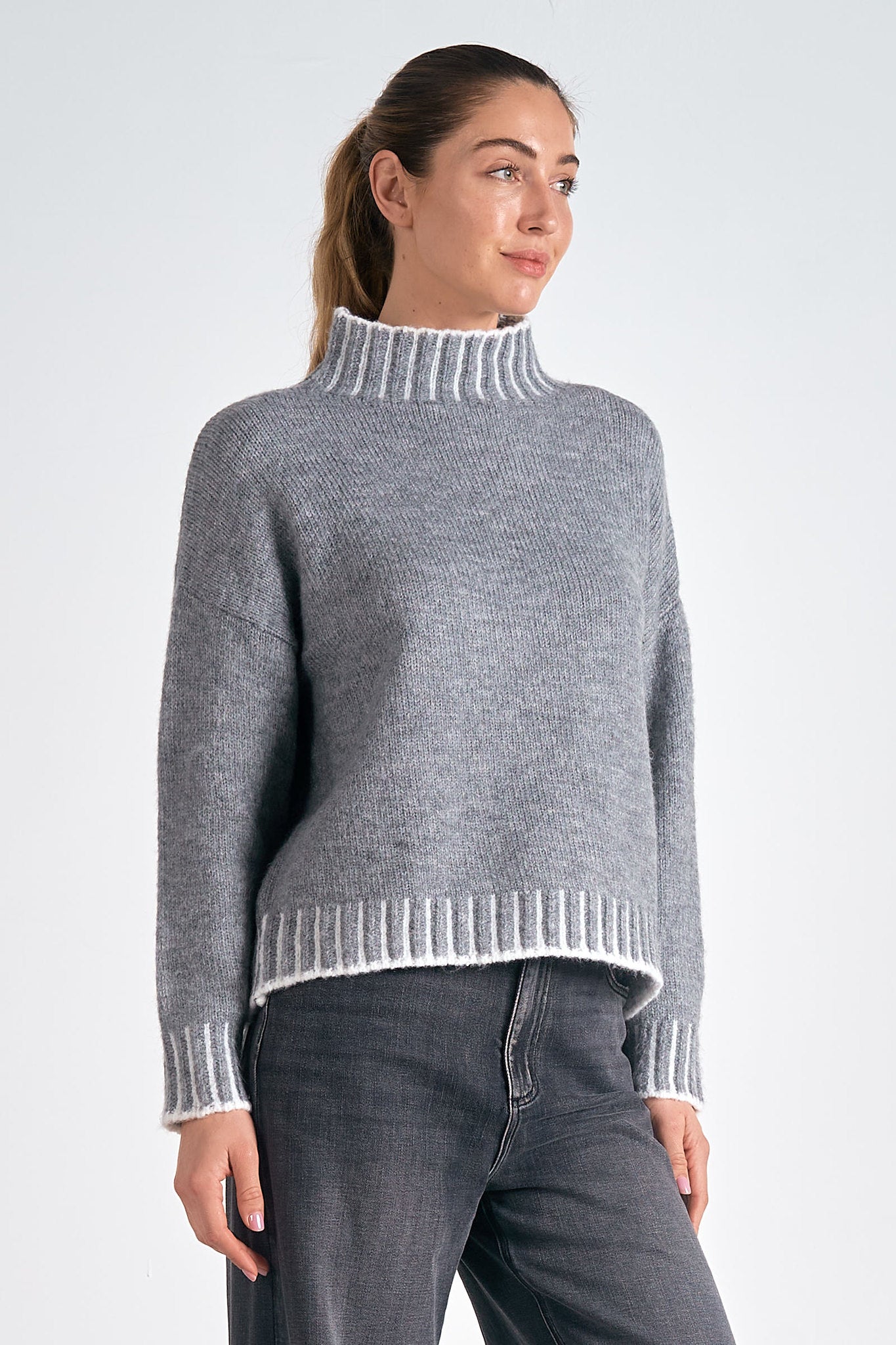 Striped Detail Hem Turtleneck Sweater Charcoal