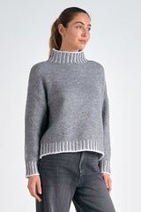 Striped Detail Hem Turtleneck Sweater Charcoal