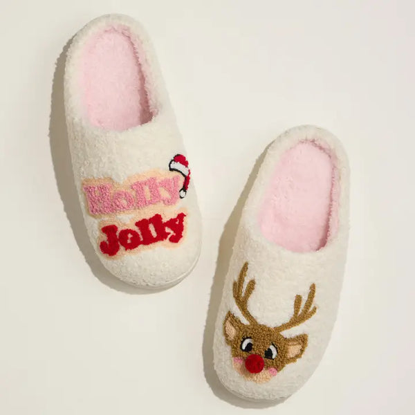 Holly Jolly Reindeer Slippers Ivory