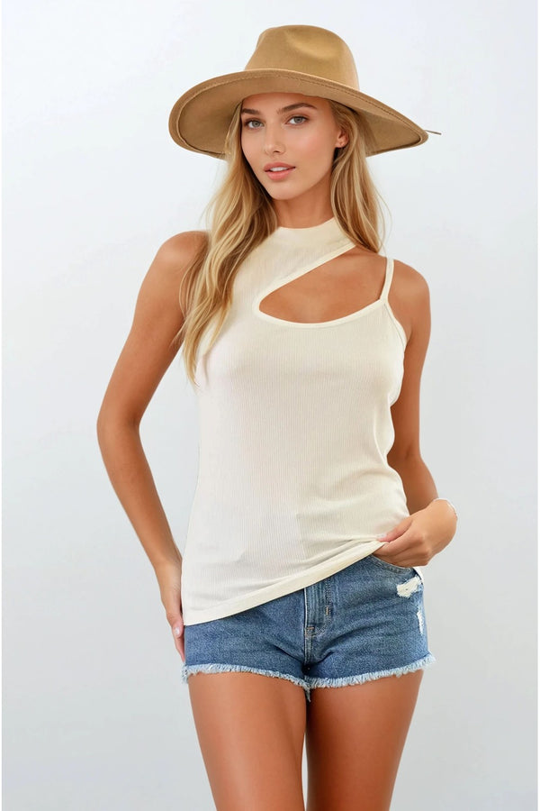 Cut Out Mock Neck Strappy Tank Top Off White