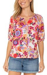 Printed Short Sleeve Shirred Blouse Floral Paradise Multi