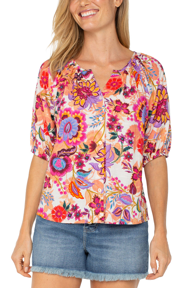 Printed Short Sleeve Shirred Blouse Floral Paradise Multi