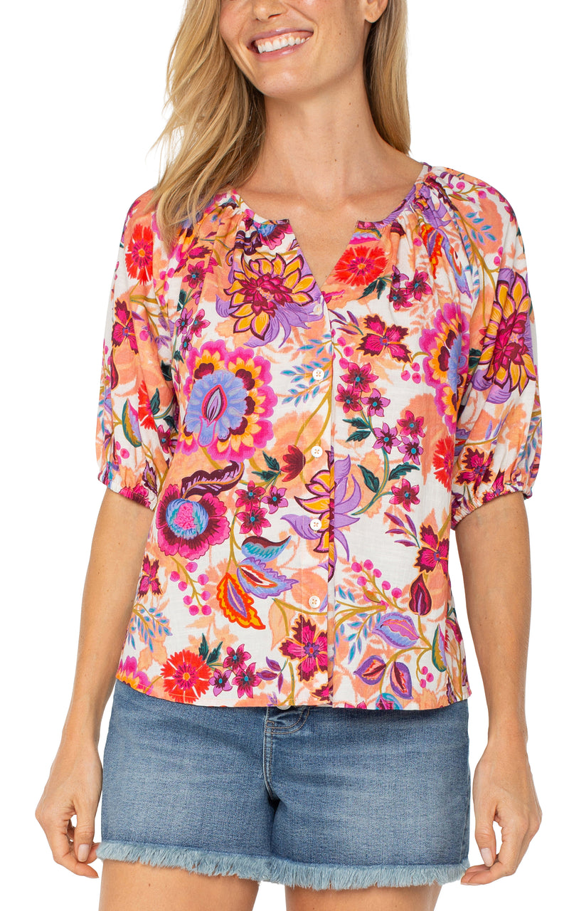 Printed Short Sleeve Shirred Blouse Floral Paradise Multi